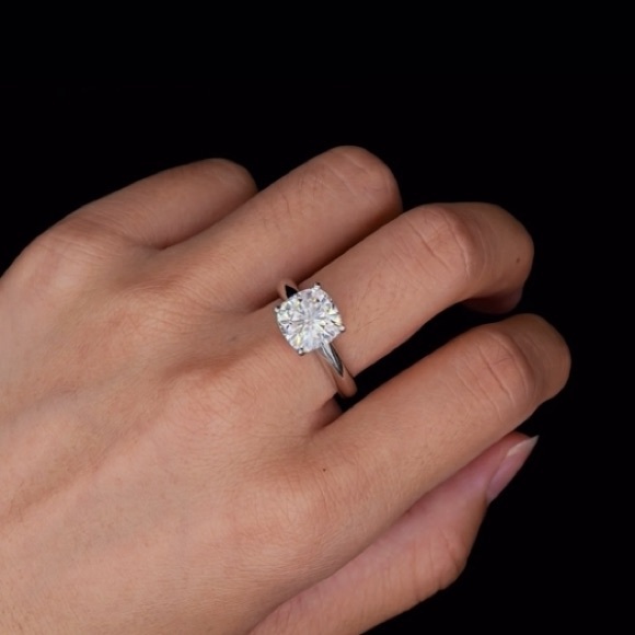 18k 3.5 cttw Cushion Princess Moissanite Diamond Solitaire Ring - Picture 8 of 10